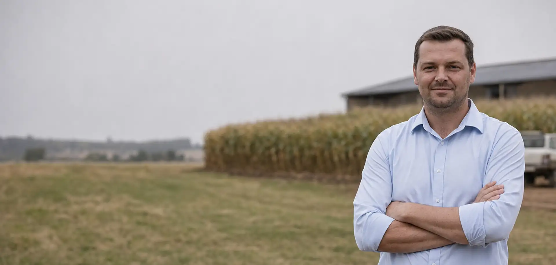 An agricultural relationship manager standing with arms folded at the edge of a maize field, a farm shed and pickup behind him.
